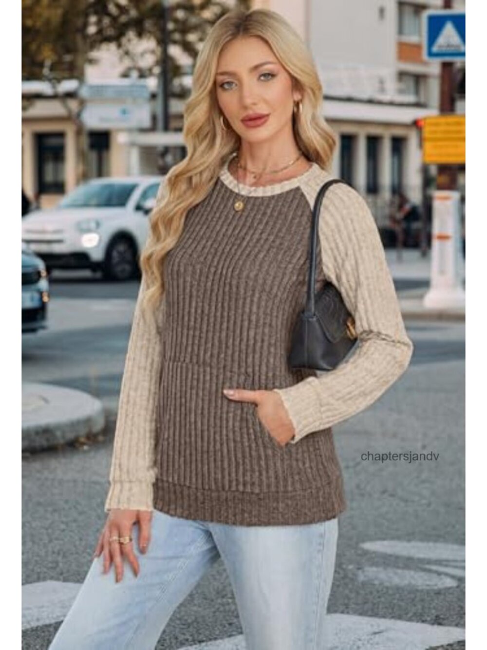Oversized Ribbed Knit Color Block Raglan Tunic Sweater with Pocket - Picture 2 of 6